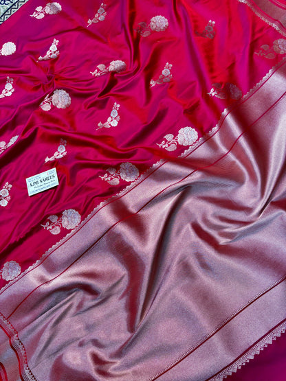 Premium Mashru Katan Silk Banarasi Saree – Dual Tone Red × Magenta | Sona Rupa Butas Banarasi Saree
