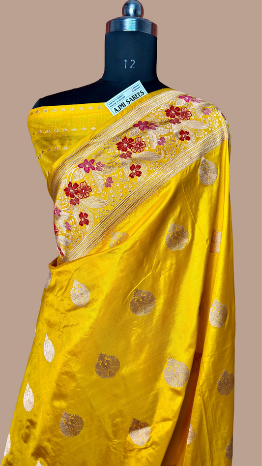 Lemon yellow pure katan silk handloom banarasi saree with meenakari border