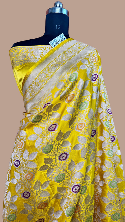 lemon yellow mashru katan silk banarasi saree jaal work