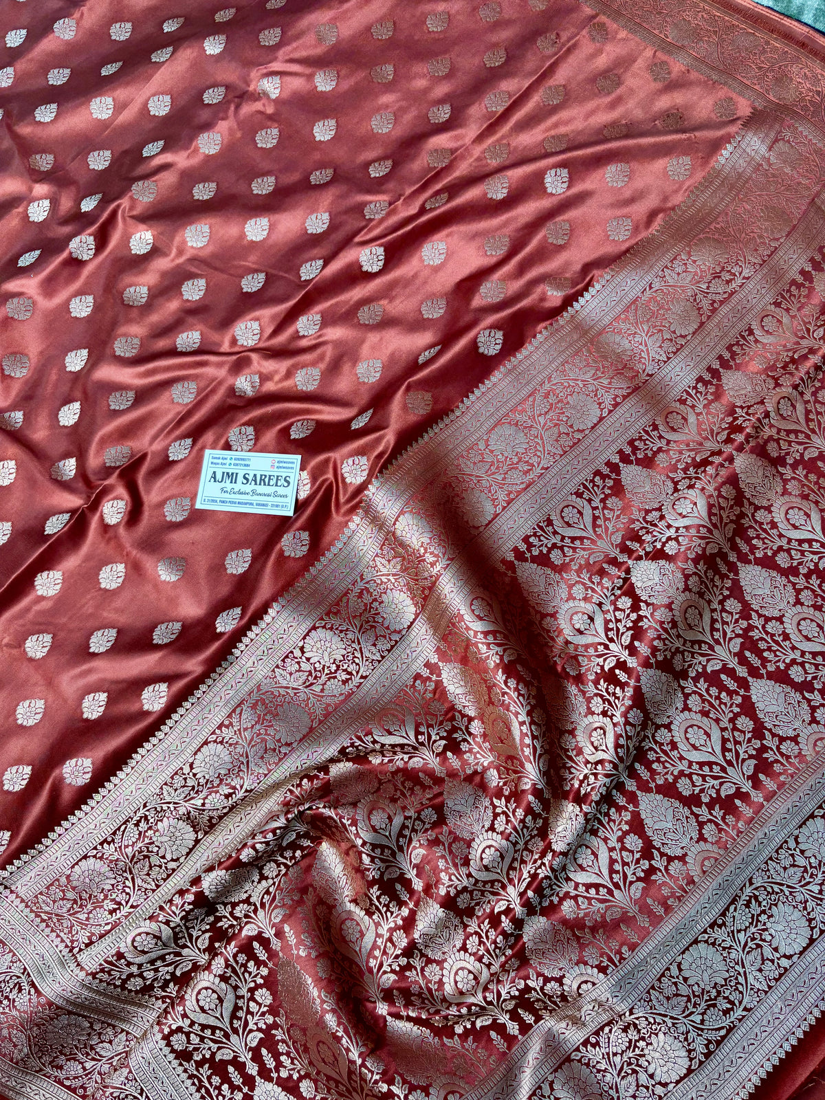 Mashru Katan Silk Banarasi Saree in Rust Copper with All-Over Zari Motifs Banarasi Saree