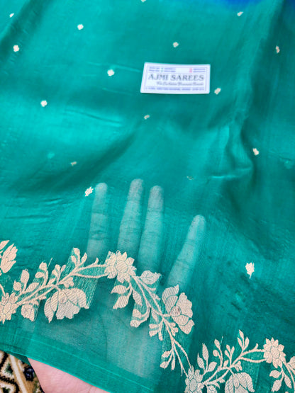 Pure Kora Silk Handloom Banarasi Saree – Royal Blue × Rama Green Dual Shade | All-Over Kadwa Motifs Banarasi Saree