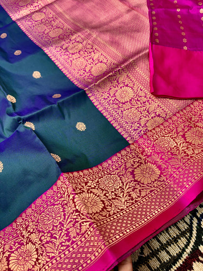 Authentic Kadwa Weave Banarasi Saree in Emerald Green and Rani Pink