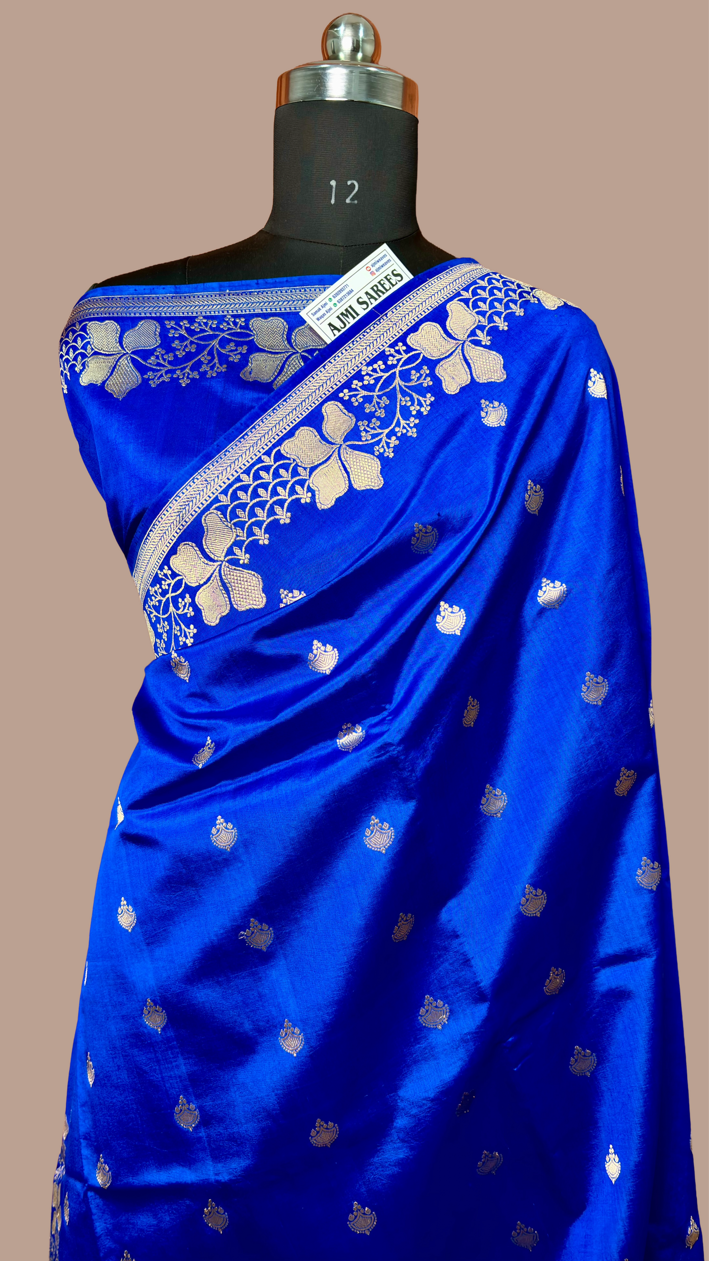 Royal blue pure mango silk handloom Banarasi saree with kadwa booti