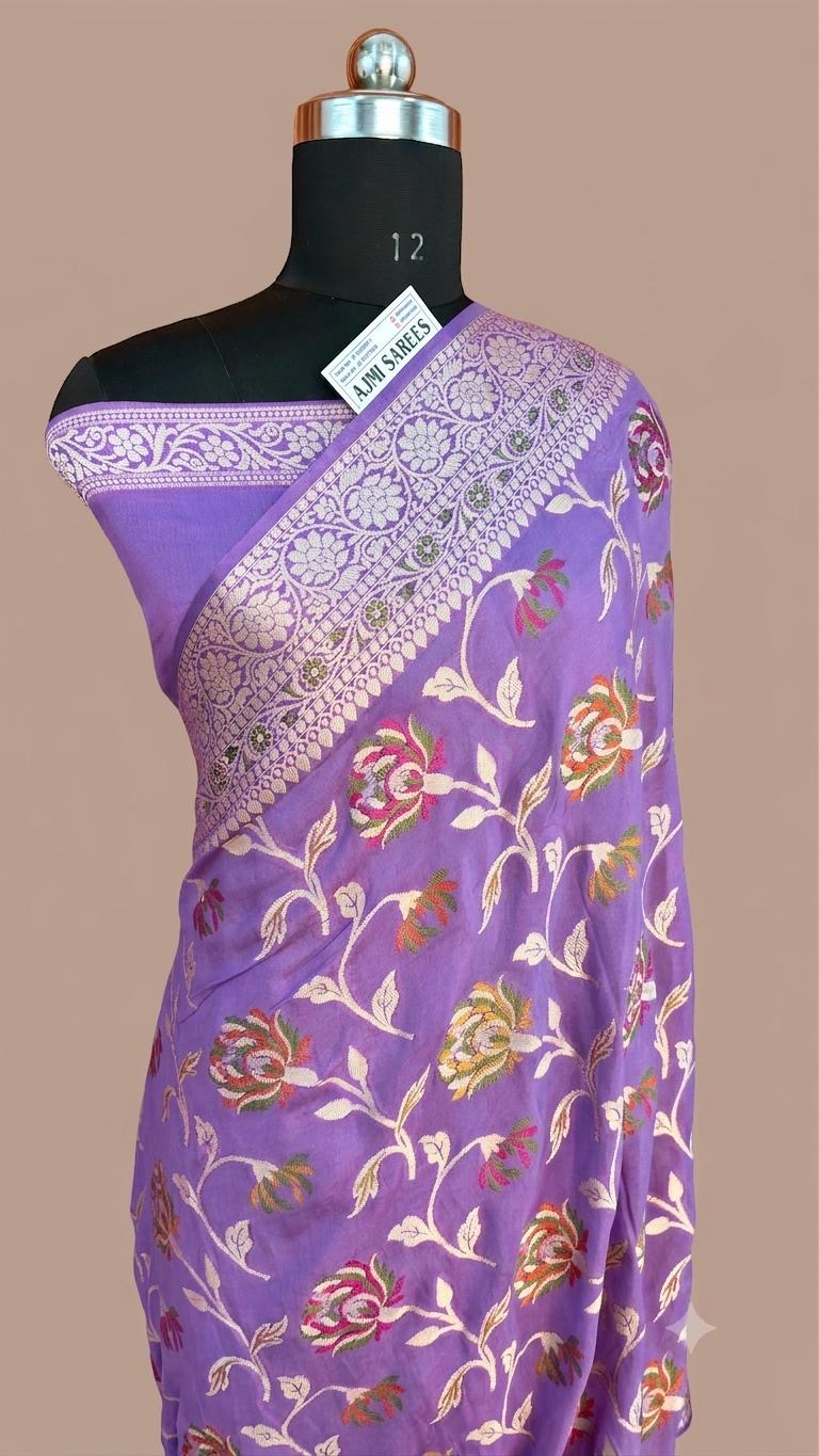 Purple Pure Khaddi Chiffon Banarasi Tilfi Saree | Tilfi Floral Jaal