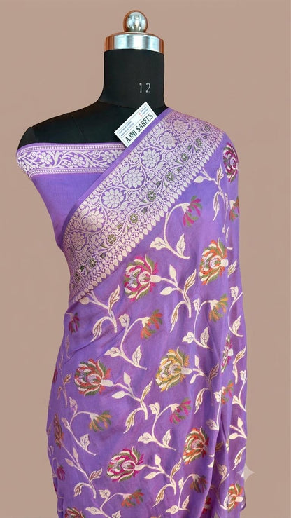 Purple Pure Khaddi Chiffon Banarasi Tilfi Saree | Tilfi Floral Jaal