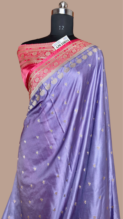 Mauve Mashru Katan Silk Banarasi Saree with Strawberry Pink Contrast Border