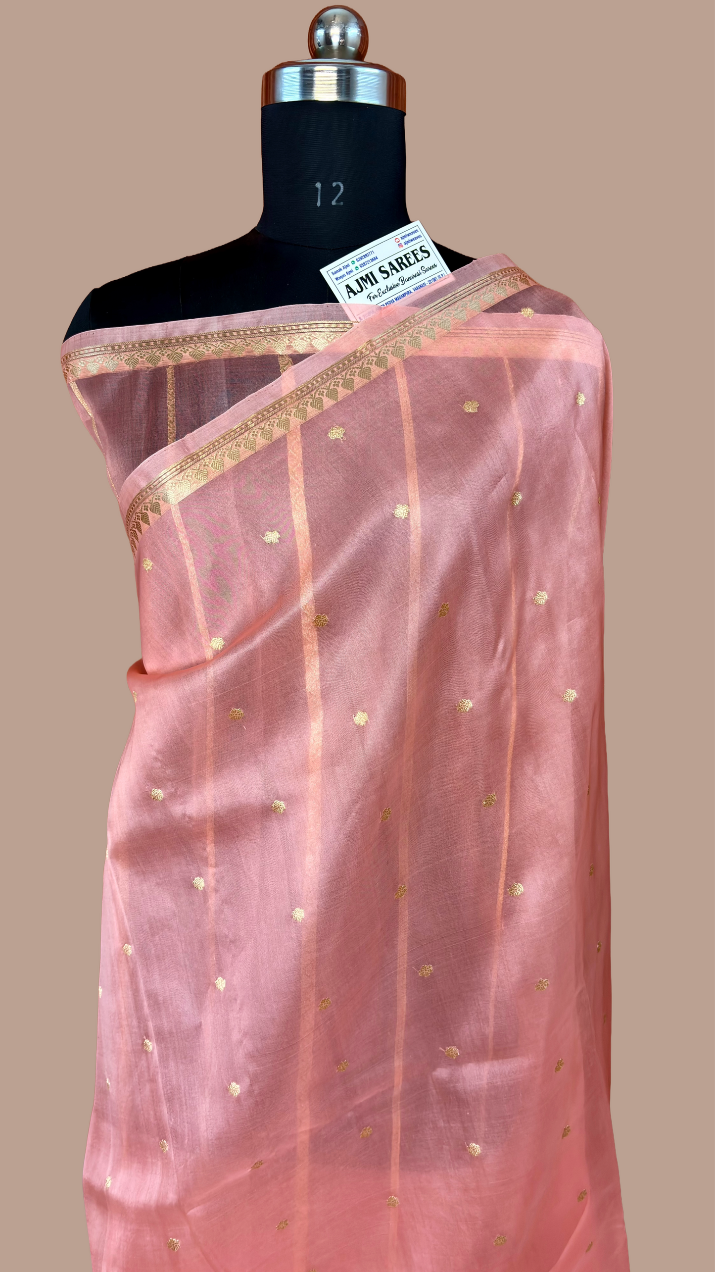 Pure Kora Silk Handloom Banarasi Saree in Peach with 6-Petal Kadwa Zari Motifs Peach Pure Kora Organza Silk