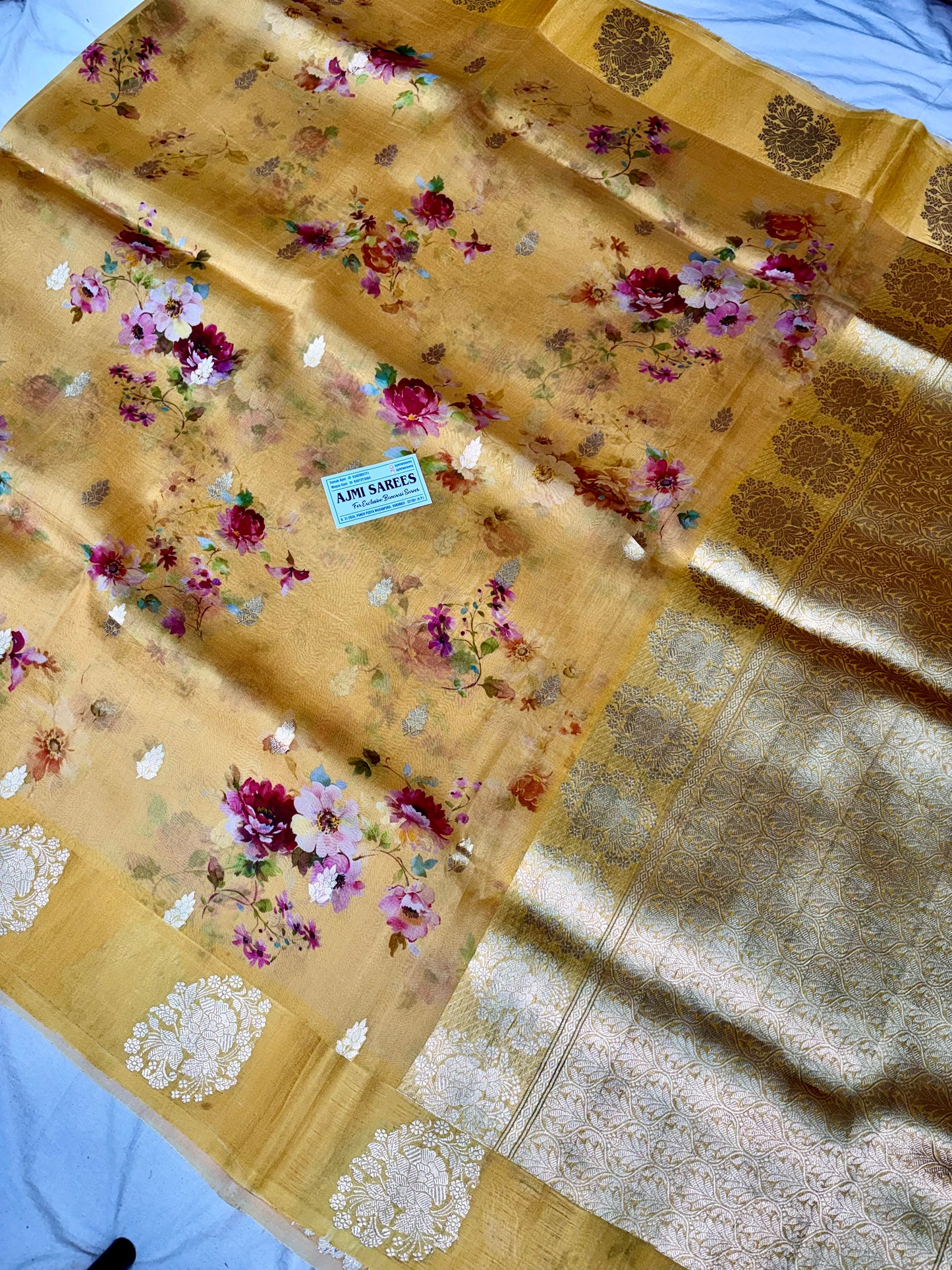 Authentic Banarasi Pure Kora Silk Saree in golden yellow colour