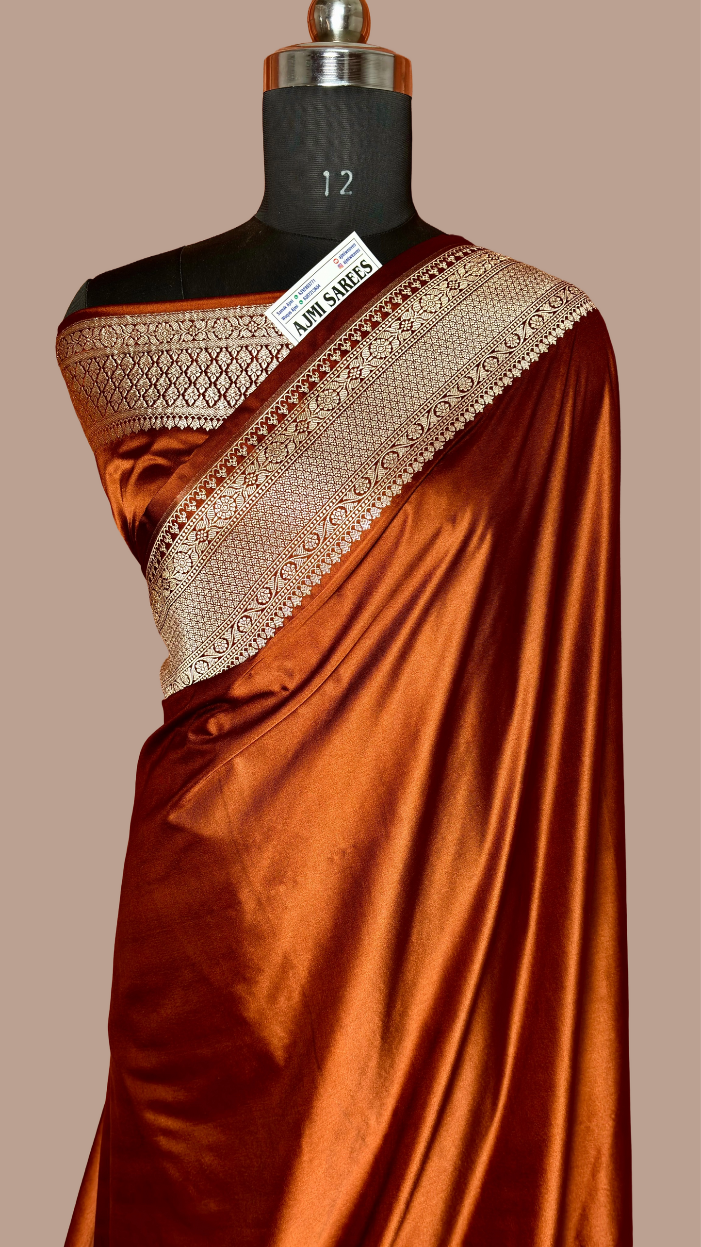 Royal chocolate brown Banarasi saree with zari border