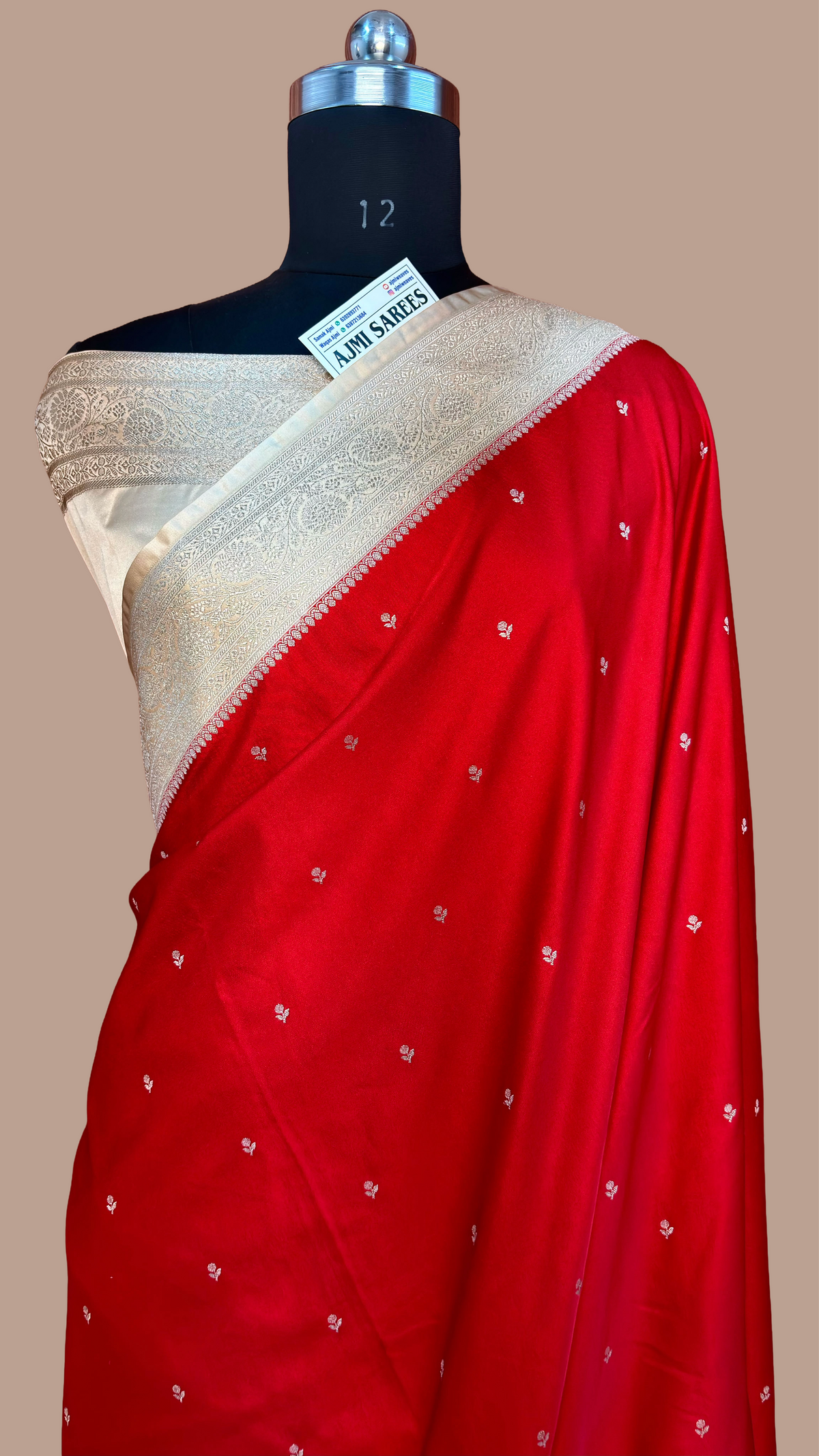 Premium dark red Mashru Katan Silk Banarasi Saree with beige border