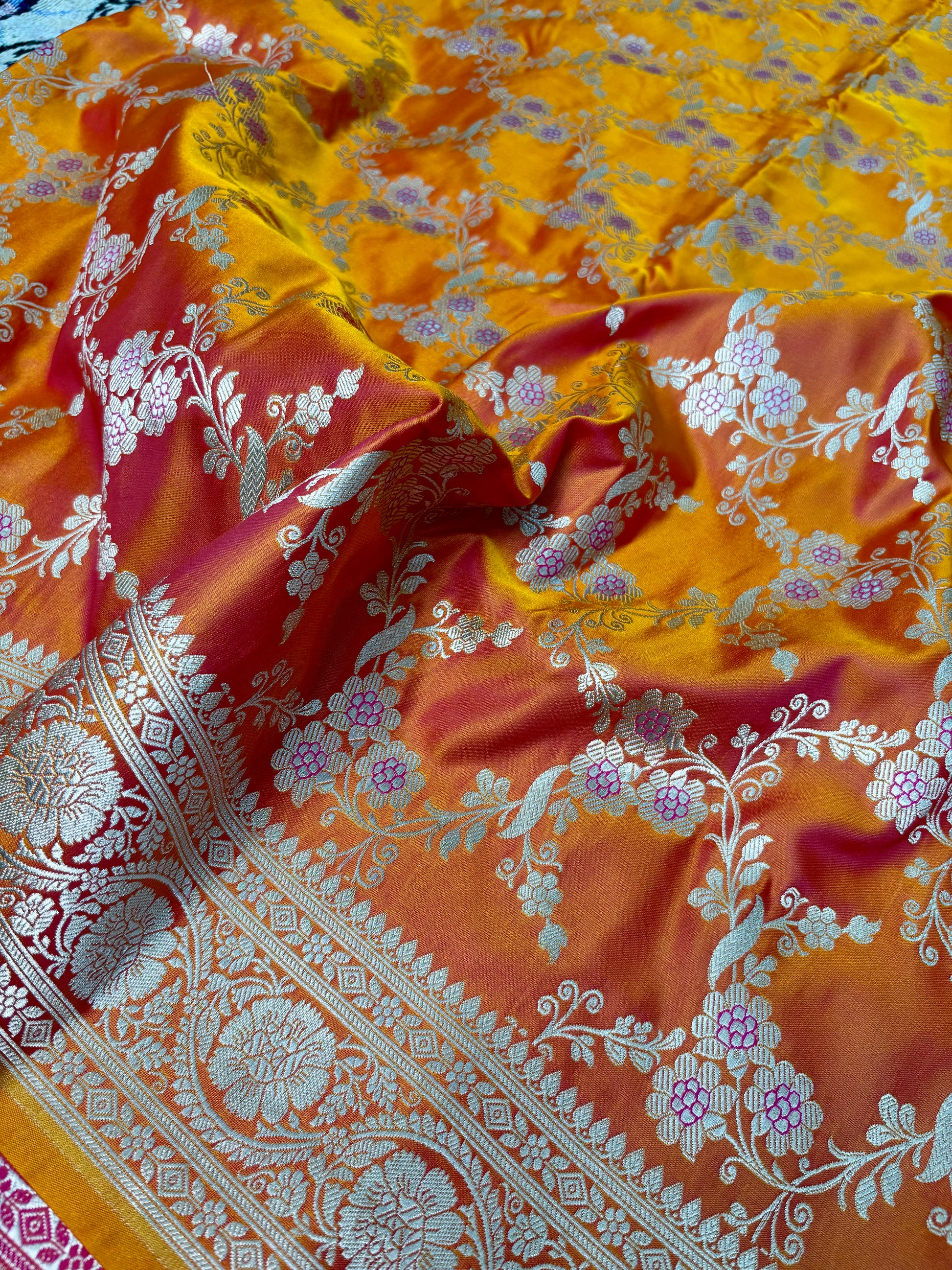 Mashru Katan silk saree fanta color with zari border Banarasi design