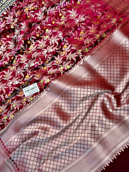 Premium Mashru Katan Silk Banarasi Saree in Burgundy with Multicolor Floral Jaal Banarasi Saree