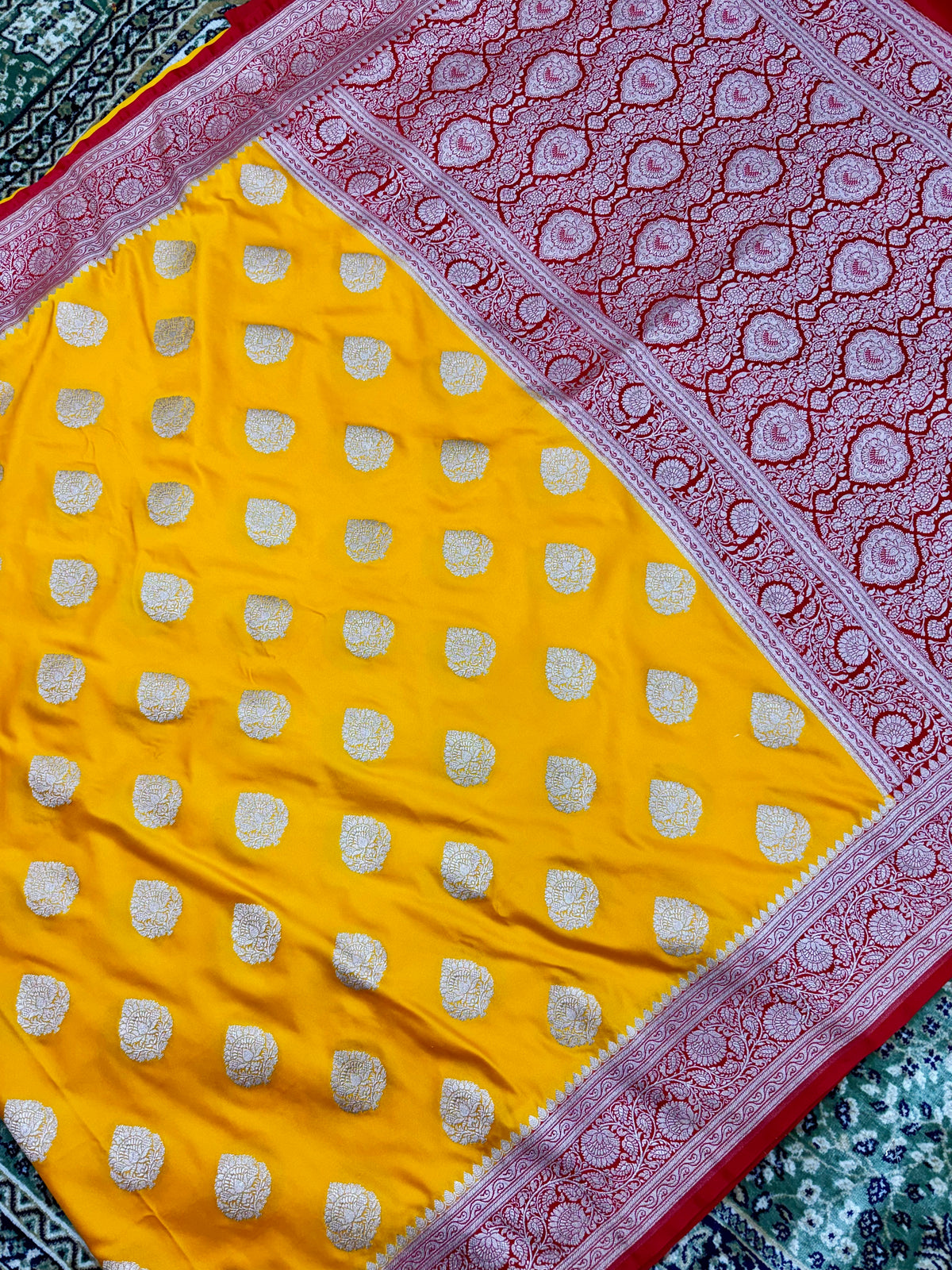 Premium Mashru Katan Silk Banarasi Saree – Golden Yellow with Contrast Red Border Banarasi Saree