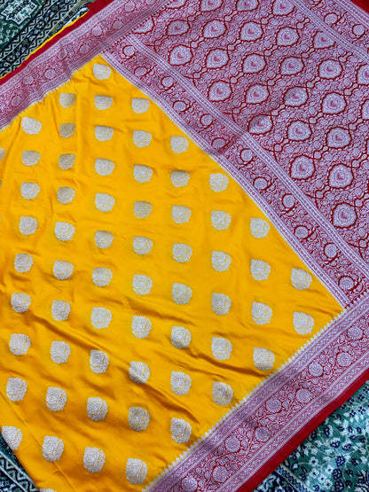 Premium Mashru Katan Silk Banarasi Saree – Golden Yellow with Contrast Red Border Banarasi Saree