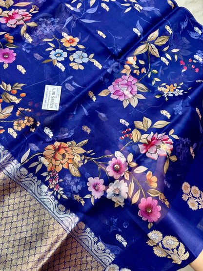Navy Blue Handwoven Banarasi Saree with Digital Floral Print