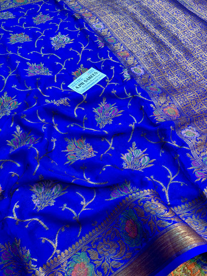 Royal blue Banarasi Tilfi saree with antique copper zari floral border