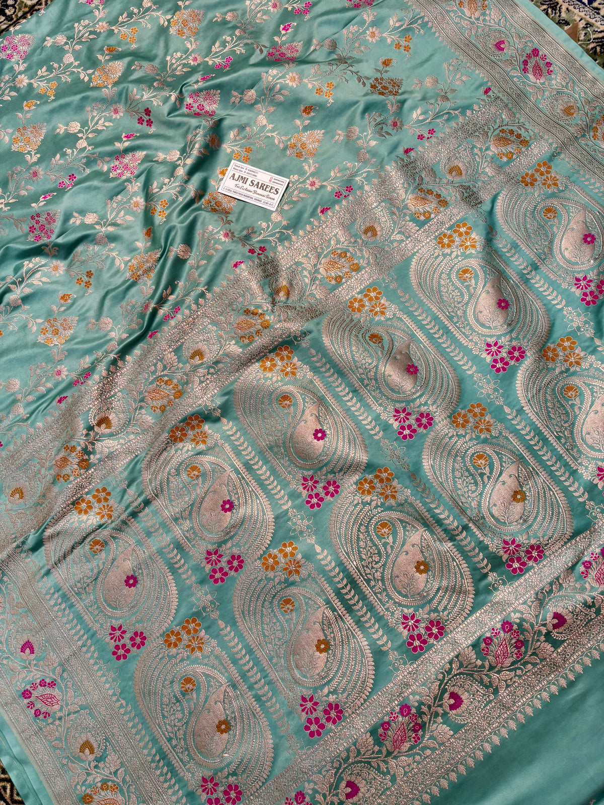 Premium Sea Green Mashru Katan Silk Banarasi Saree with Floral Jaal Banarasi Saree
