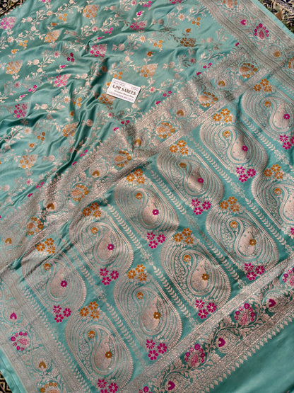Premium Sea Green Mashru Katan Silk Banarasi Saree with Floral Jaal Banarasi Saree