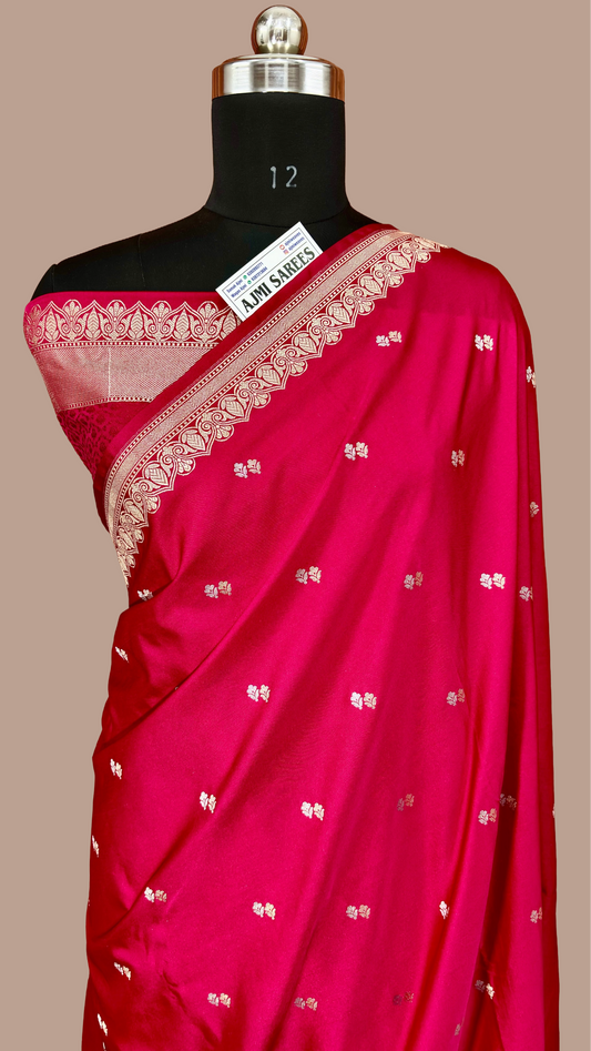 Cherry Red Mashru Katan Silk Banarasi Saree- All Over Sona Rupa Motifs Mashru Katan Silk Banarasi Saree