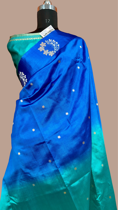 pure mango silk kadwa banarasi saree royal blue rama green dual shade