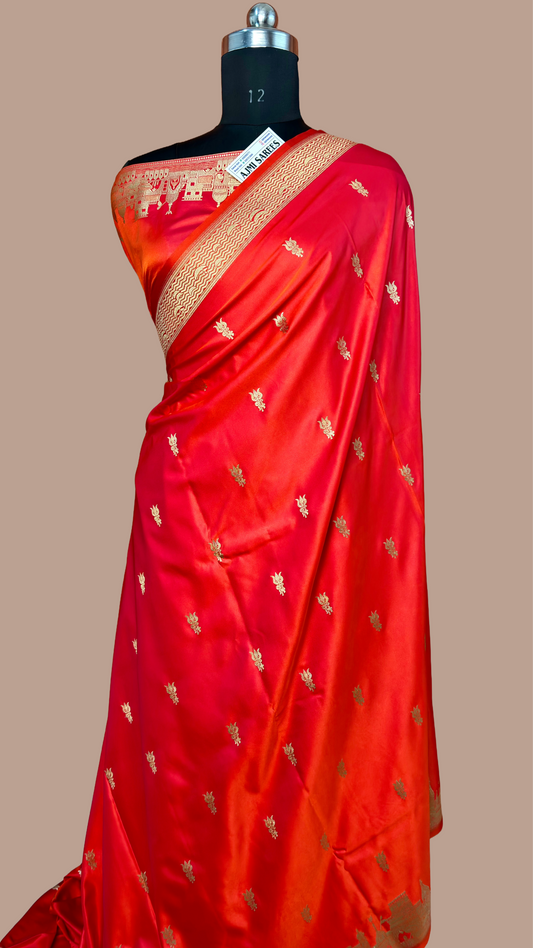 Premium Banaras Ghat Inspired Mashru Katan Silk Banarasi Saree – Dual-Tone Orange Banarasi Saree