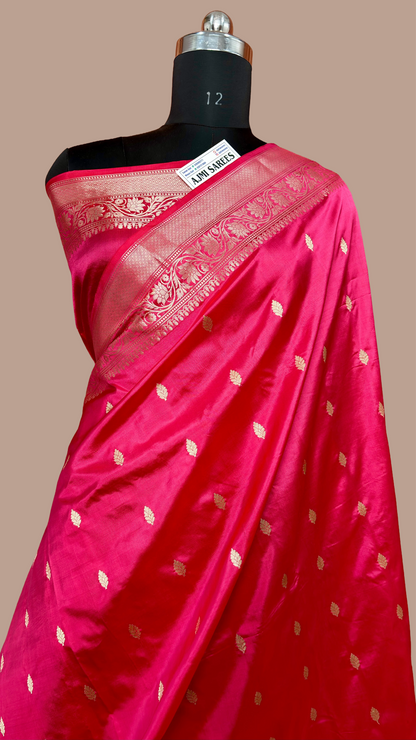 Pure Katan Silk Handloom Banarasi Saree – Strawberry × Pink Dual Tone All-Over Kadwa Motifs Banarasi Saree