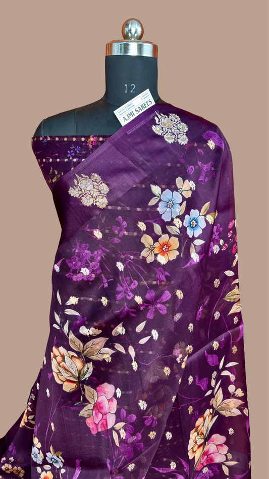 100% Pure Kora Silk Handloom Banarasi Saree – Wine Color | Sona Rupa Kadwa Motifs with Digital Floral Print Pure Kora Organza Silk