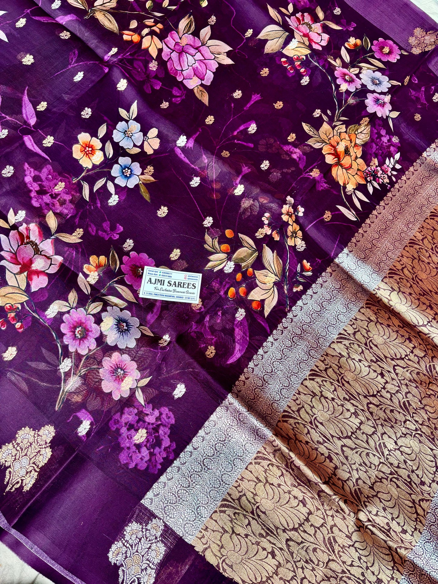 100% Pure Kora Silk Handloom Banarasi Saree – Wine Color | Sona Rupa Kadwa Motifs with Digital Floral Print Pure Kora Organza Silk
