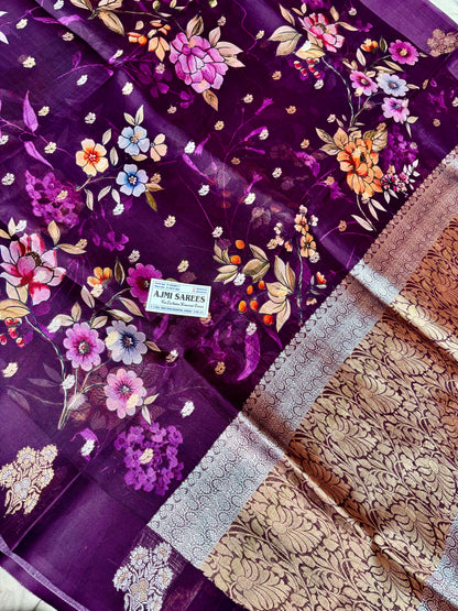 100% Pure Kora Silk Handloom Banarasi Saree – Wine Color | Sona Rupa Kadwa Motifs with Digital Floral Print Pure Kora Organza Silk