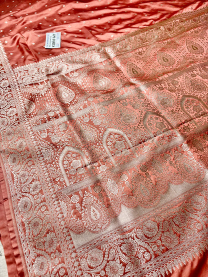 Copper Mashru Katan Silk Banarasi Saree with Grand Zari Pallu