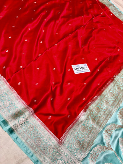 Red Mashru Katan Silk Banarasi Saree with Contrast Sea Green Zari Border Mashru Katan Silk Banarasi Saree