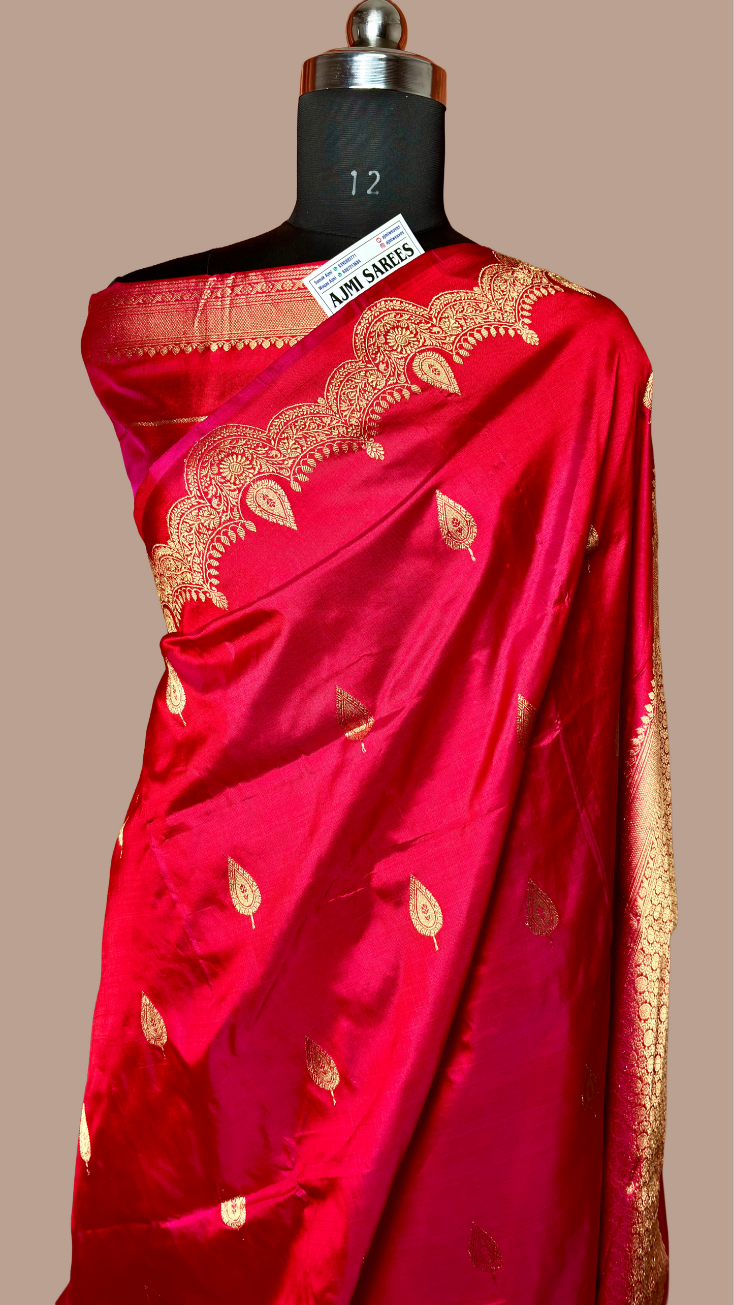 Dual tone rani red pure katan silk handloom banarasi saree kadwa motifs