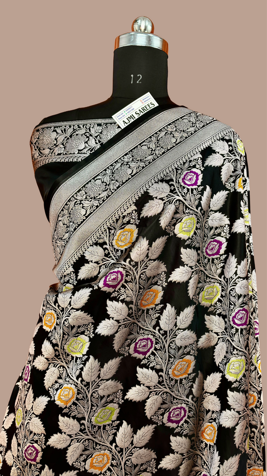 Luxury black Banarasi silk saree with all-over Meenakari floral jaal and silver zari border