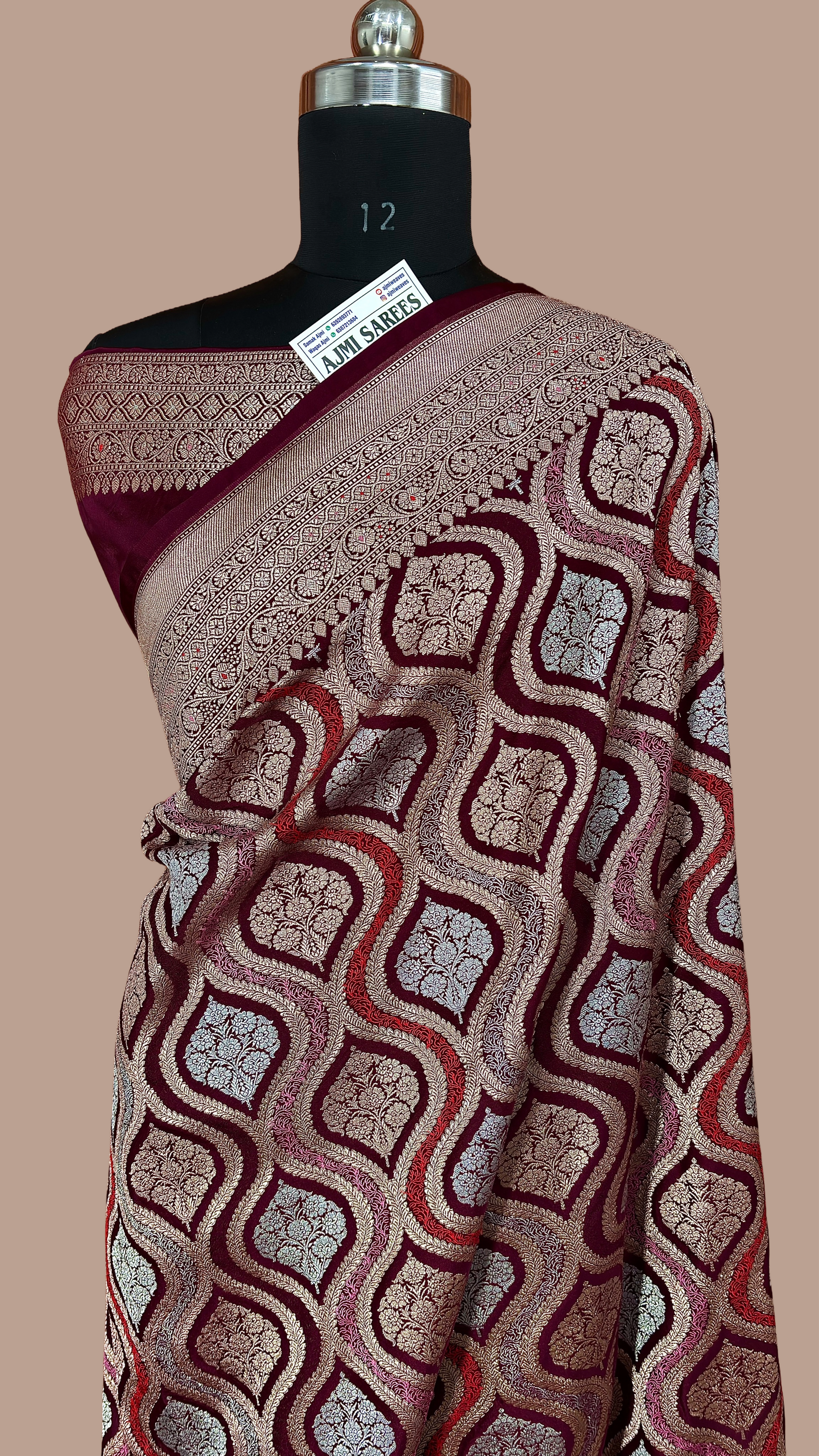 Mashru Katan Silk Wine Color Banarasi Saree with Rich Zari Jaal & Meenakari Border Mashru Katan Silk Banarasi Saree
