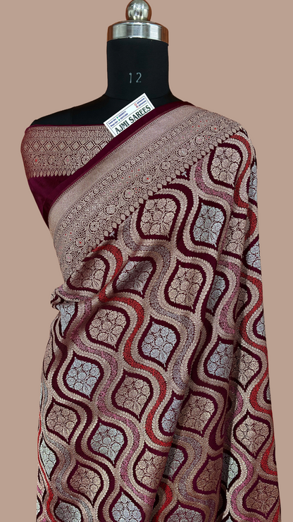 Mashru Katan Silk Wine Color Banarasi Saree with Rich Zari Jaal & Meenakari Border Mashru Katan Silk Banarasi Saree