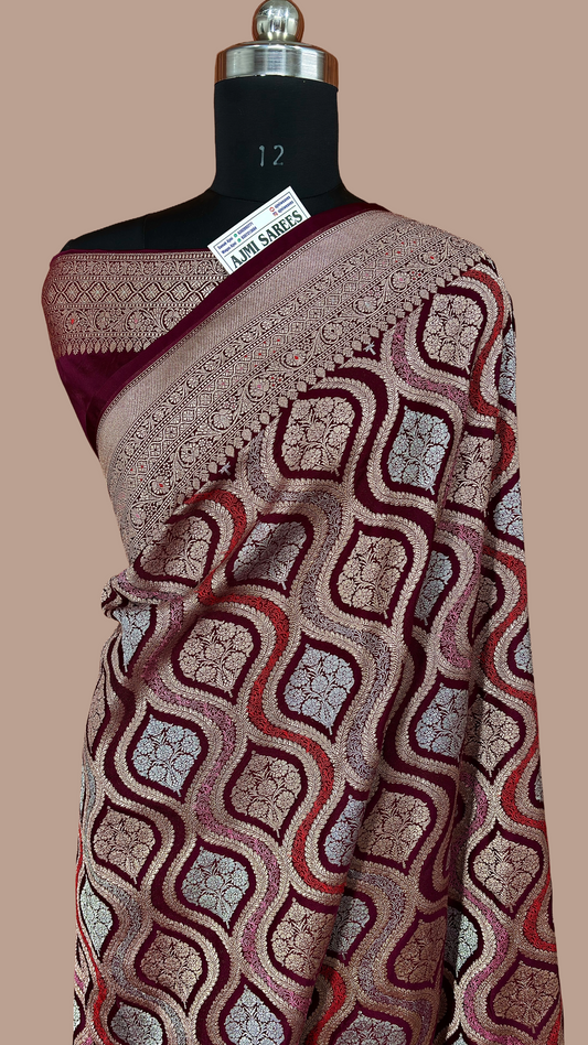 Mashru Katan Silk Wine Color Banarasi Saree with Rich Zari Jaal & Meenakari Border Mashru Katan Silk Banarasi Saree