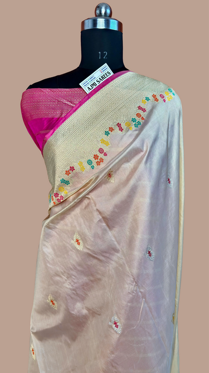 Premium beige pure Katan silk Banarasi saree with Sona Rupa Kadwa Meenakari motifs