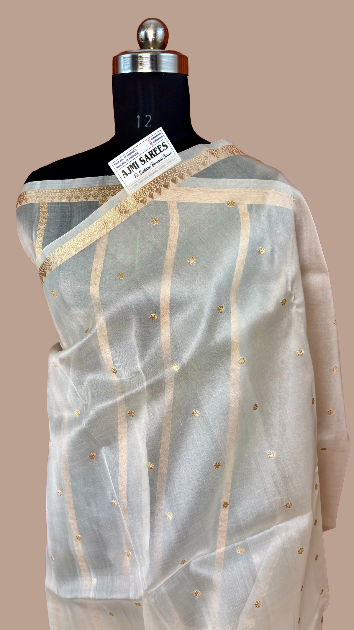 Pure Kora Silk Handloom Banarasi Saree in Peach with 6-Petal Kadwa Zari Motifs Ivory Pure Kora Organza Silk