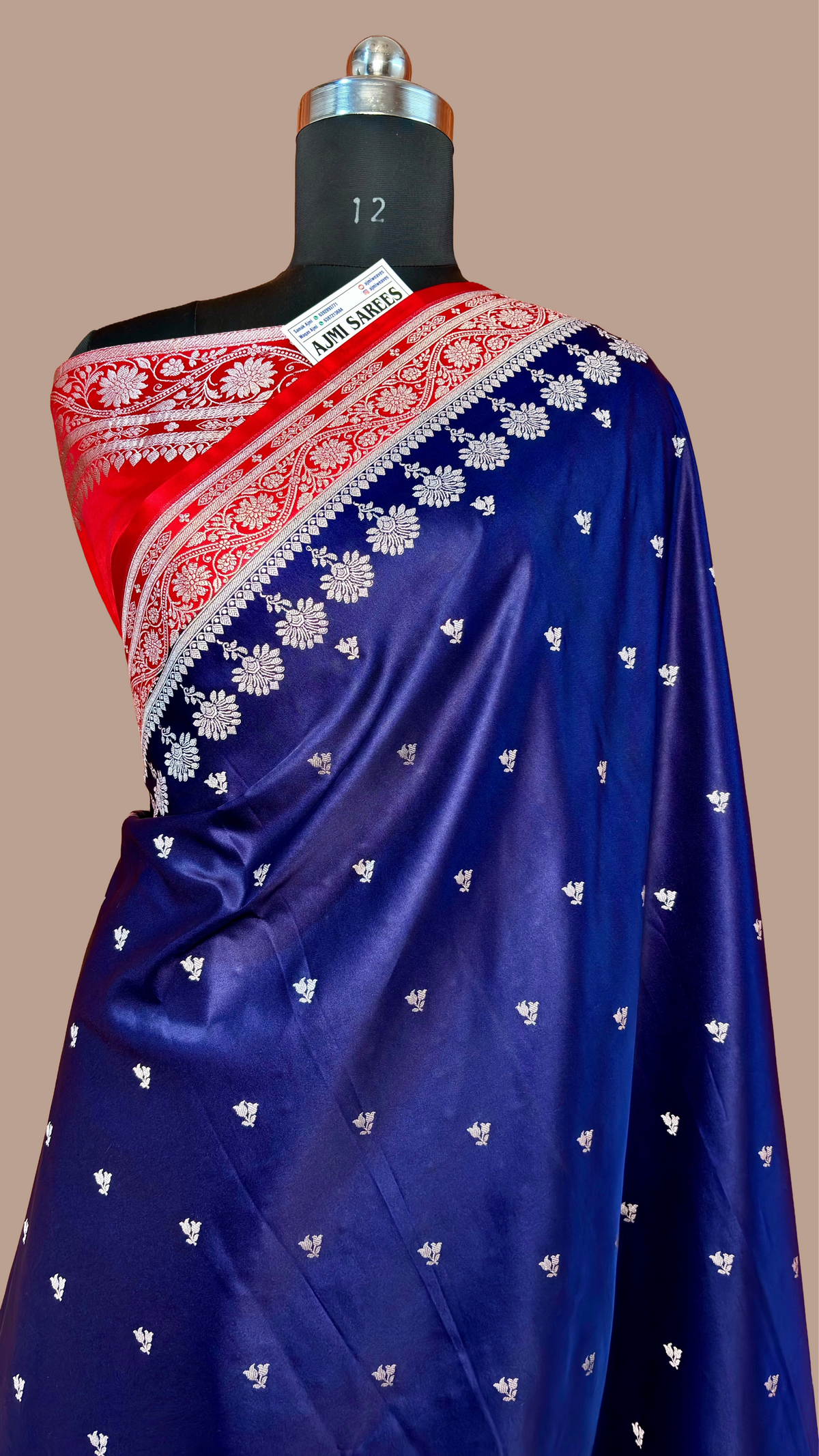 Premium Mashru Katan Silk Banarasi Saree – Navy Blue with Contrast Red Border & Golden Zari Banarasi Saree