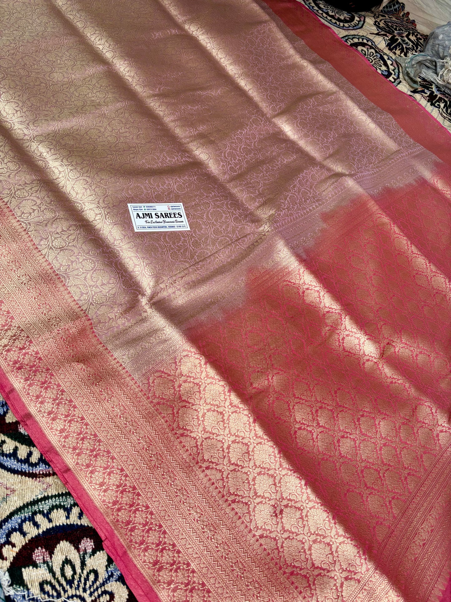 100% Pure Tissue Katan Silk Handloom Banarasi Saree – Lavender Body with Contrast Gajri Border Pure kora tissue silk banarasi saree