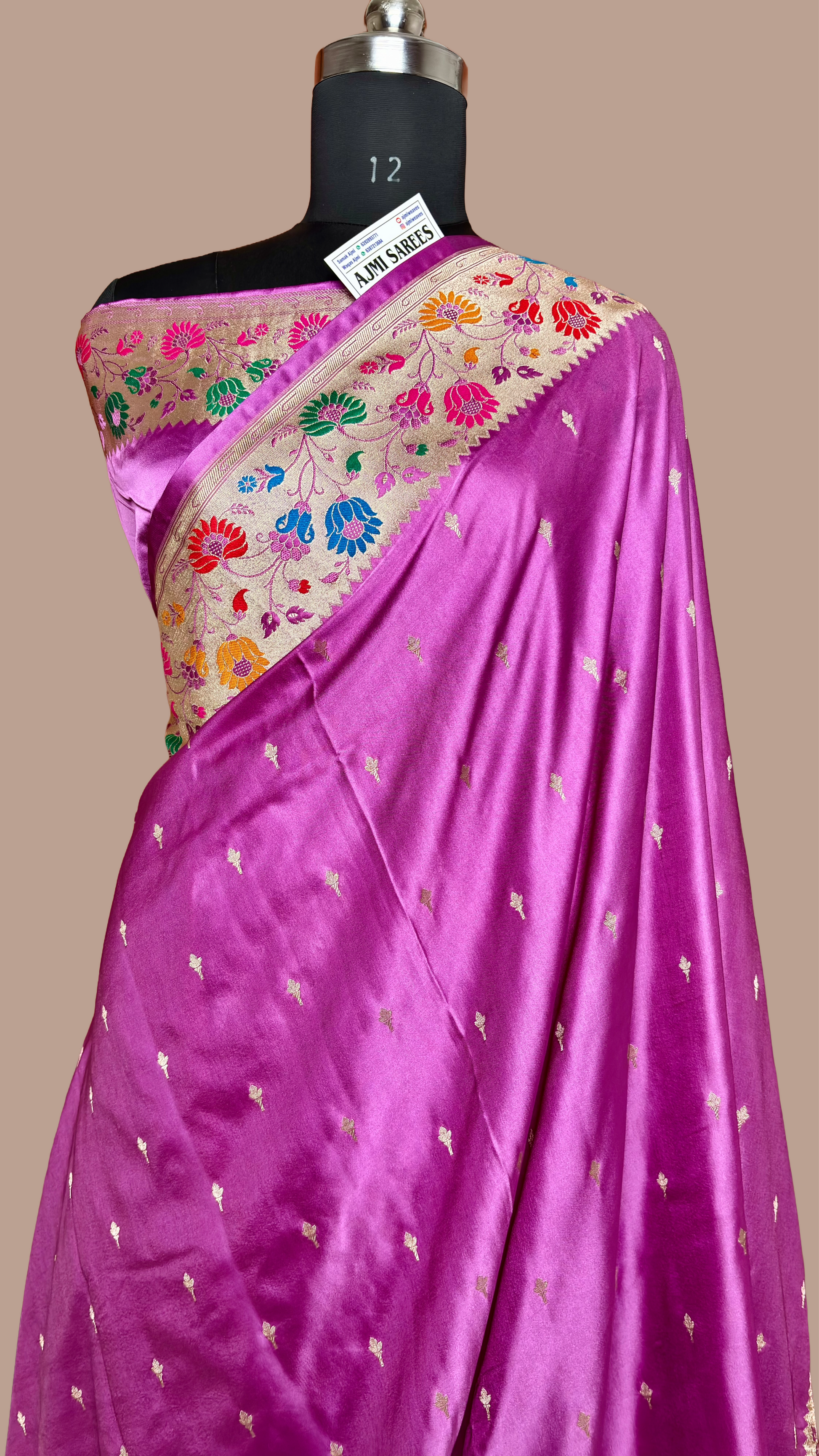 Lavender Pink Mashru Katan Silk Banarasi Saree with Paithani Border