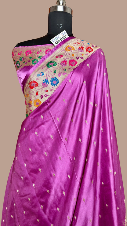 Lavender Pink Mashru Katan Silk Banarasi Saree with Paithani Border