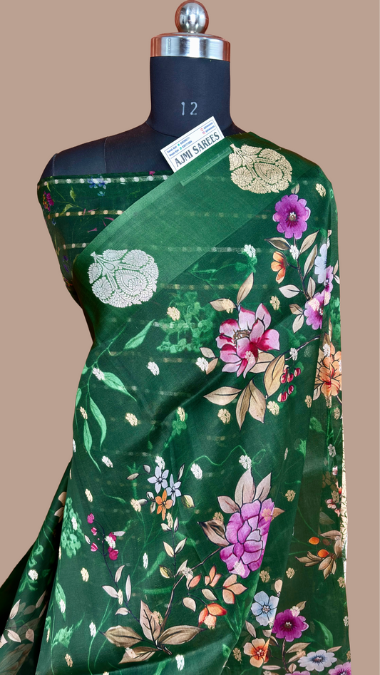 Green Pure Kora Silk Handloom Banarasi Saree | Sona Rupa Kadwa Motifs & Digital Floral Print Pure Kora Organza Silk