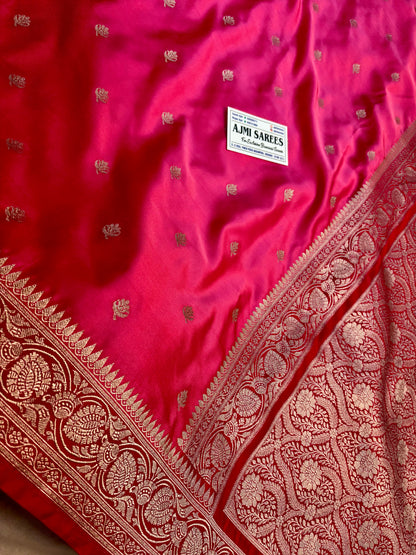 Rich cherry red Banarasi zari border on strawberry pink silk saree