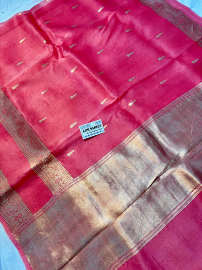 Traditional Kadwa woven Banarasi saree in Gajri pinkish-red with detailed zari borders