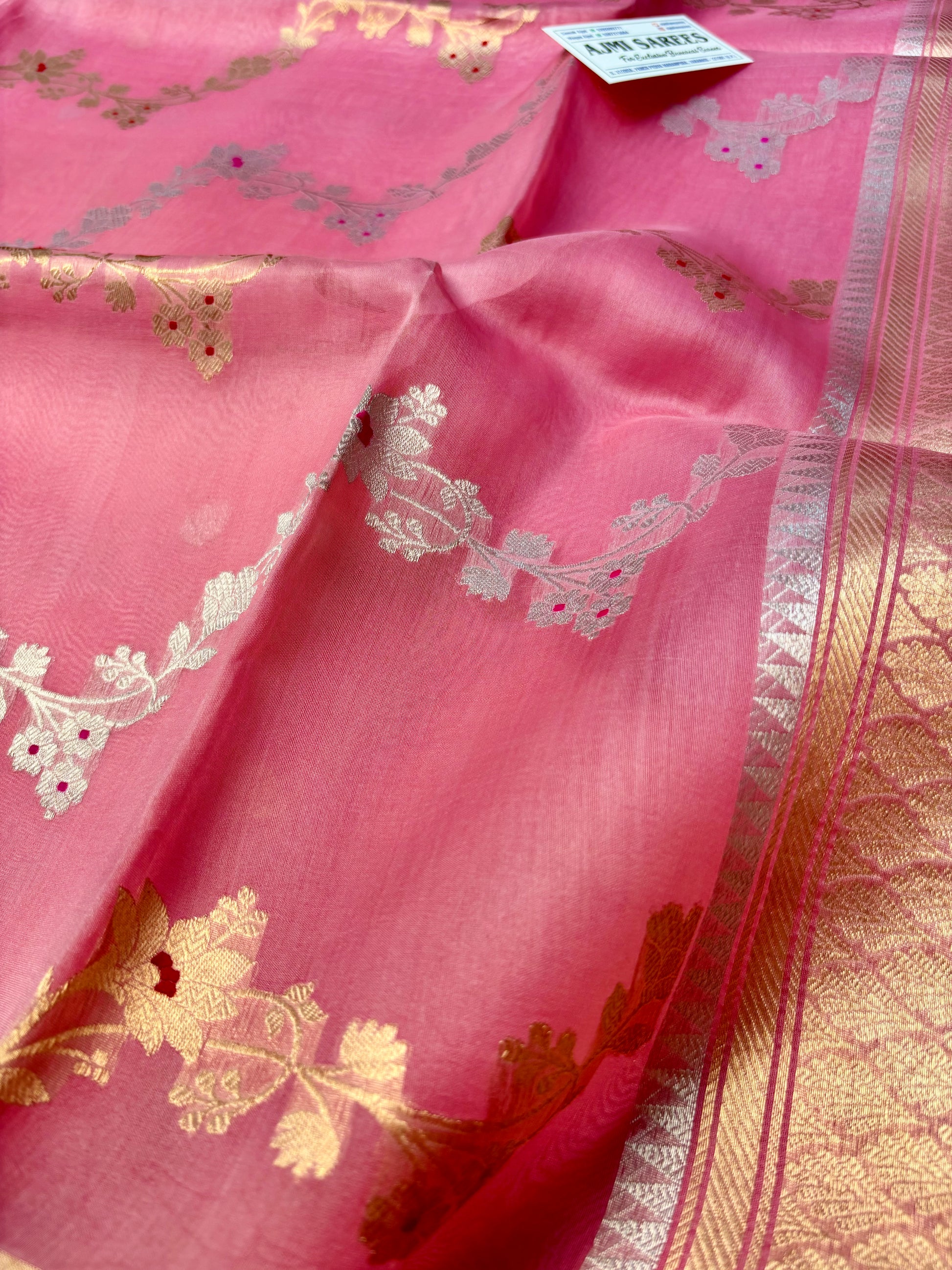 Onion pink Kora silk Banarasi saree with Sona Rupa gold silver zari