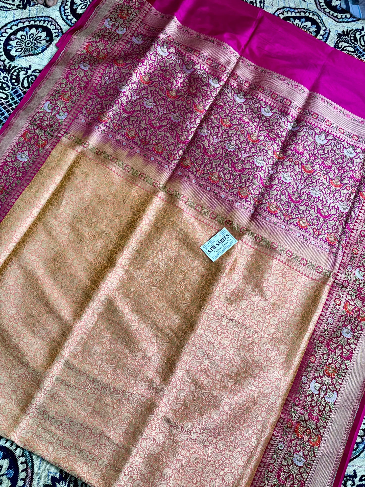 100% Pure Katan Silk Handloom Banarasi Saree – Peach Dual Tone Tanchoi Brocade Body with Tilfi Weave & Contrast Rani Border Pure Katan Silk Banarasi Saree