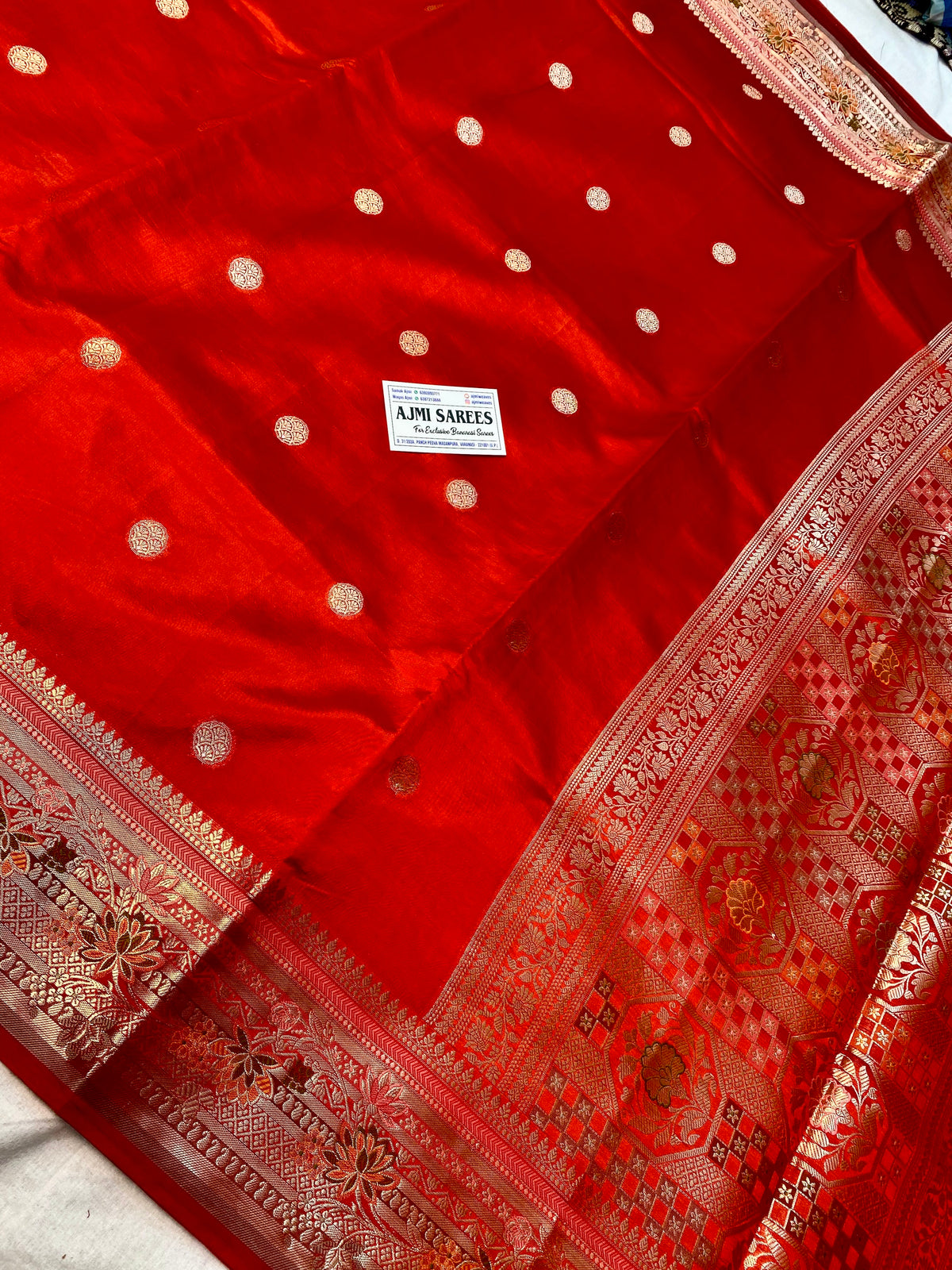 Orange Mango Silk Banarasi saree with silver Meenakari motifs