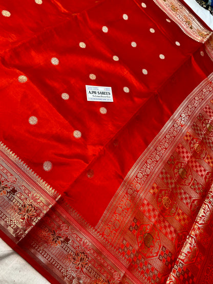 Orange Mango Silk Banarasi saree with silver Meenakari motifs