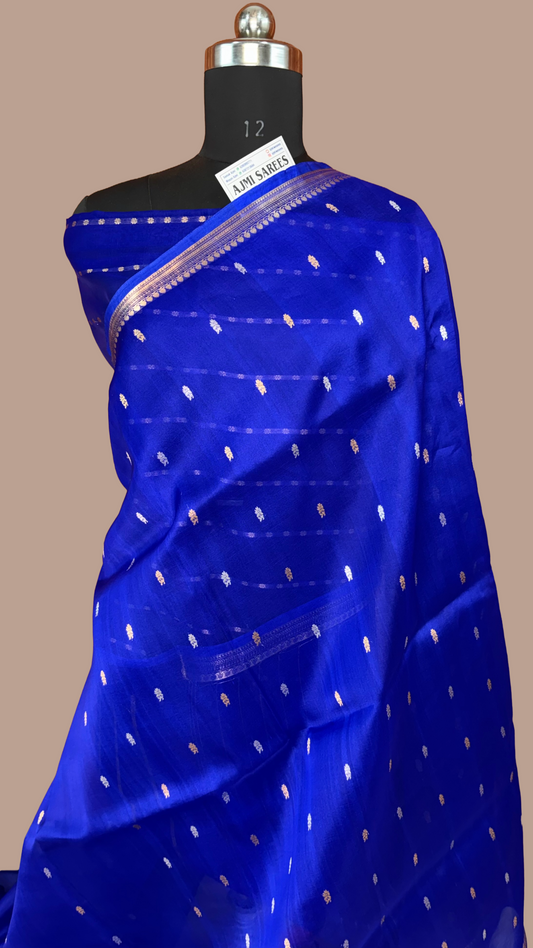 100% Pure Kora Silk Handloom Banarasi Saree – Royal Blue with All Over Kadwa Sona Rupa Motifs Pure Kora Organza Silk
